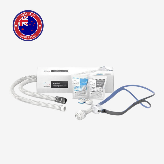 ResMed AirFit P10 nasal pillows CPAP mask pack designed for AirMini AutoSet travel CPAP.