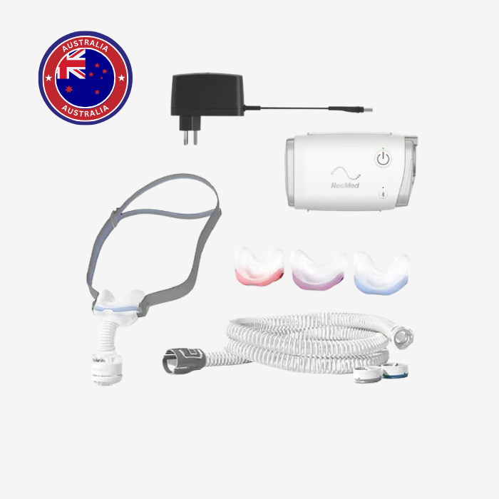 ResMed AirMini AutoSet portable CPAP machine with N30 mask pack and adaptor bundle for sleep apnea therapy.