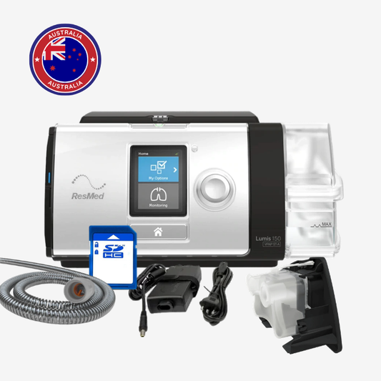 ResMed Lumis 150 VPAP ST-A bundle with ClimateLine tubing, water tub, SD card, side cover, power supply.