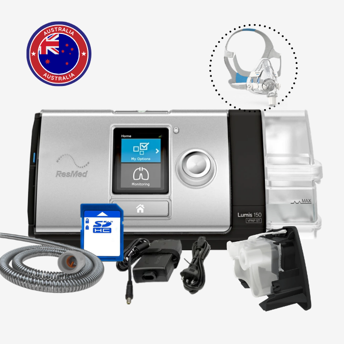 ResMed Lumis 150 VPAP ST bundle with ClimateLine tubing, water tub, SD card, side cover, power supply and mask