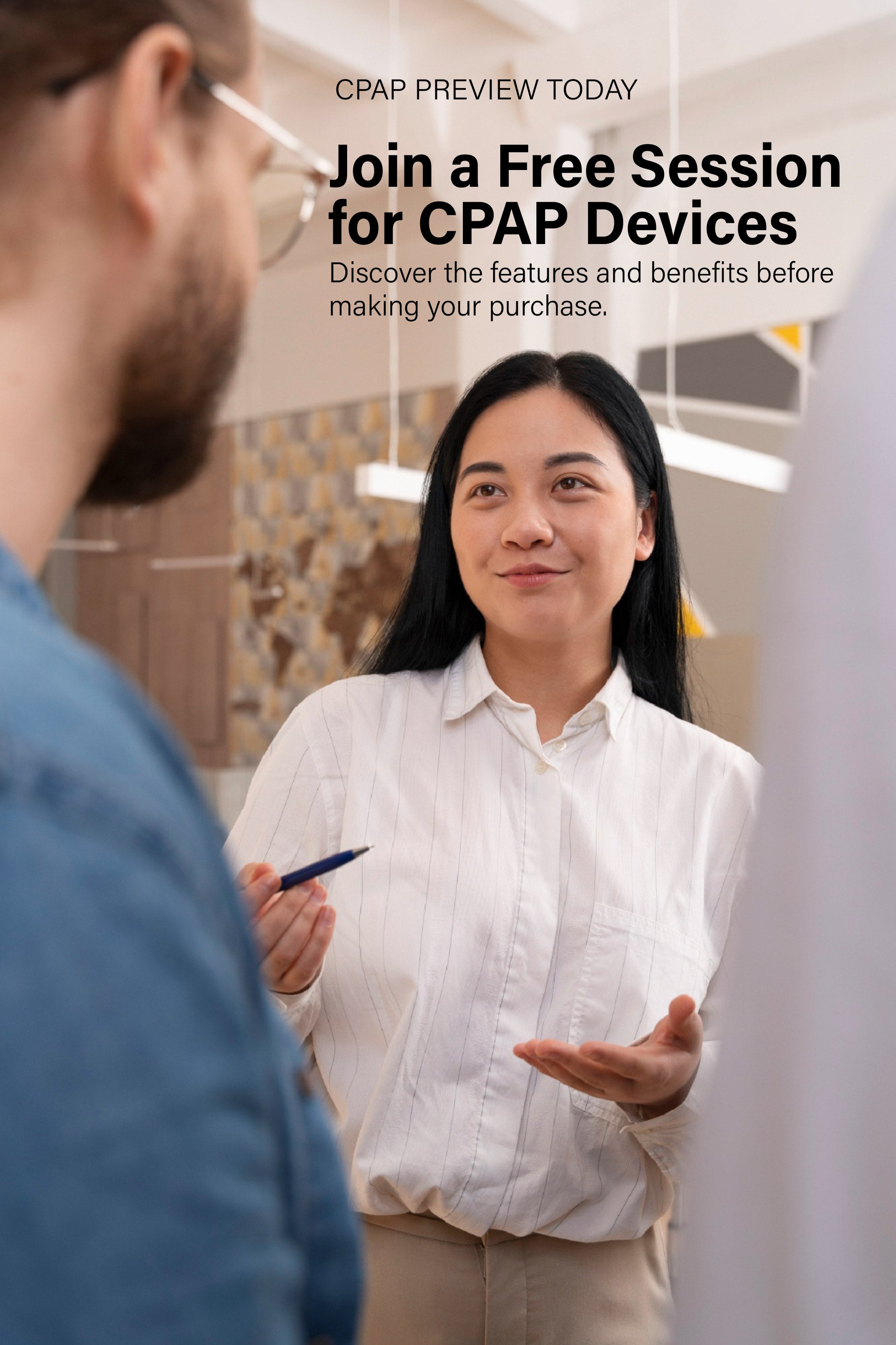 Registering for a free informational session on CPAP devices, including setup guidance, usage tips, and personalized support from health coaches.